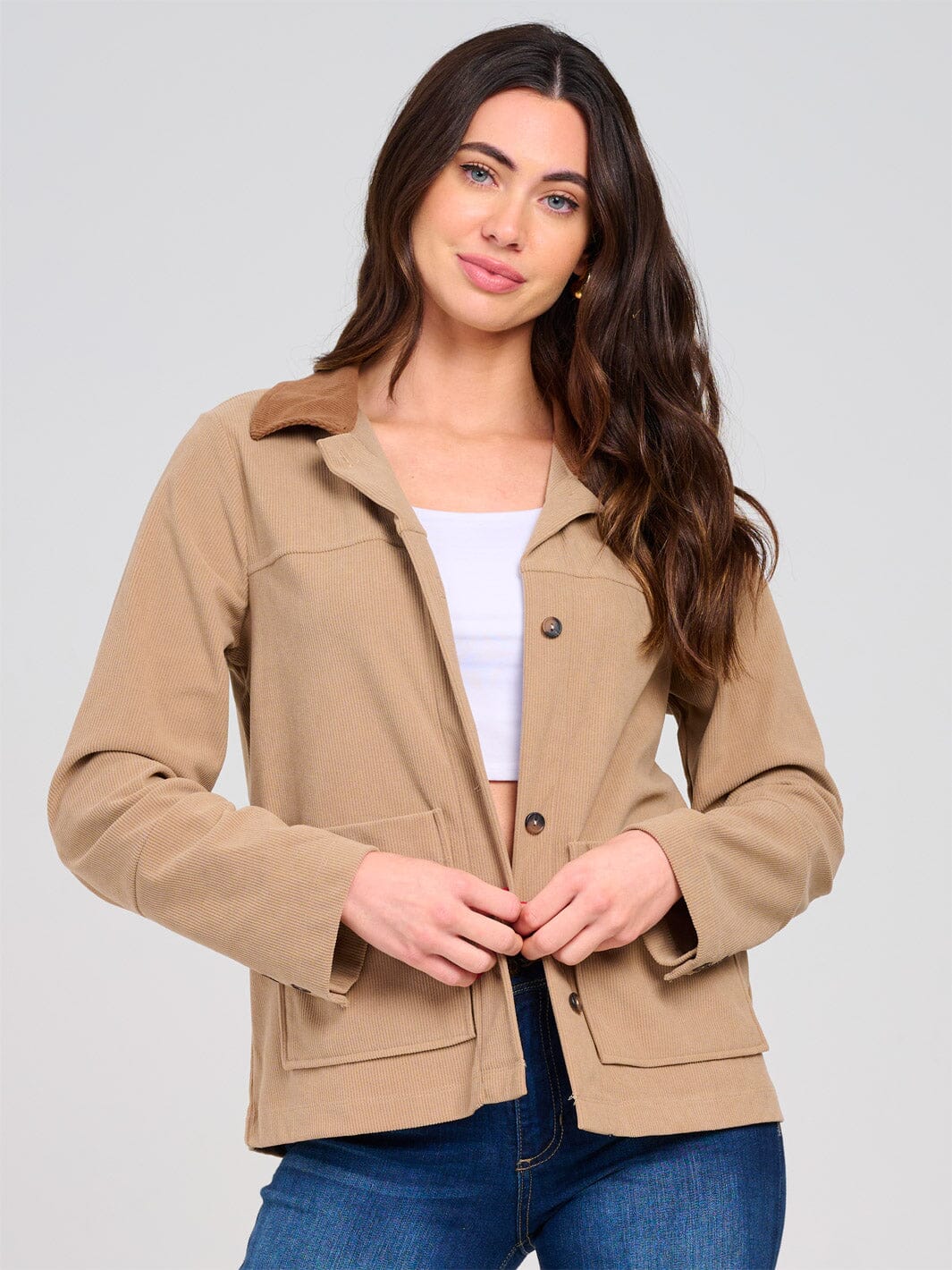 WOMEN'S LONG SLEEVE BUTTON CLOSURE FRONT POCKETS CORDUROY JACKET