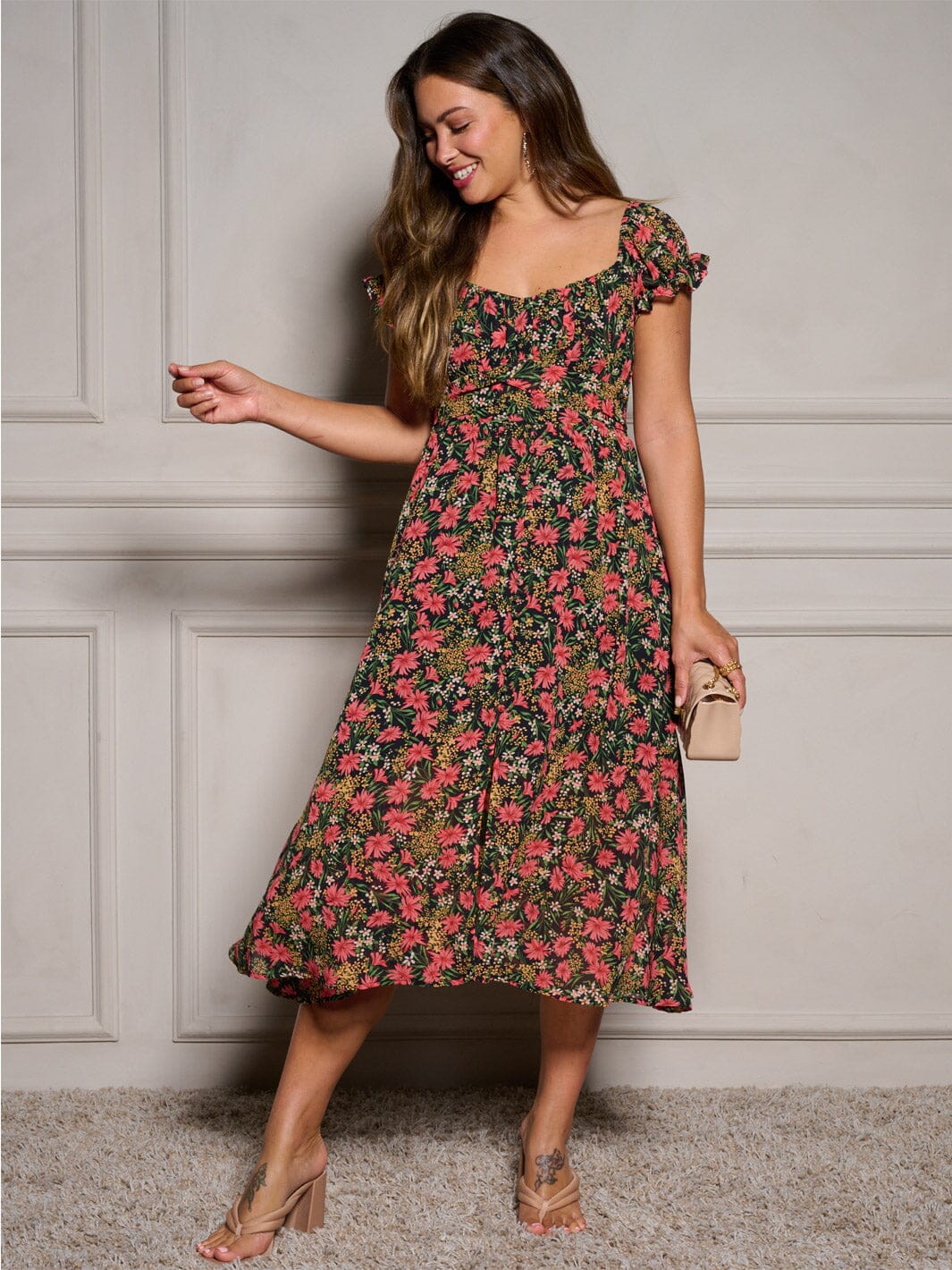 WOMEN'S SHORT SLEEVE SELF TIE SMOCK FLORAL MIDI DRESS