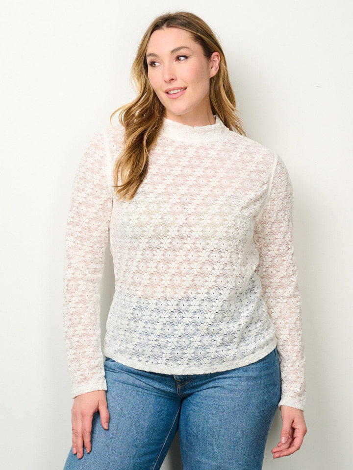 PLUS SIZE LONG SLEEVE MOCK NECK FLORAL LACE BLOUSE TOP