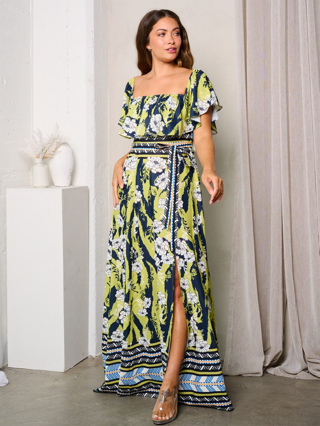 WOMEN'S OFF SHOULDER FRONT SLIT MULTI PRINT MAXI DRESS