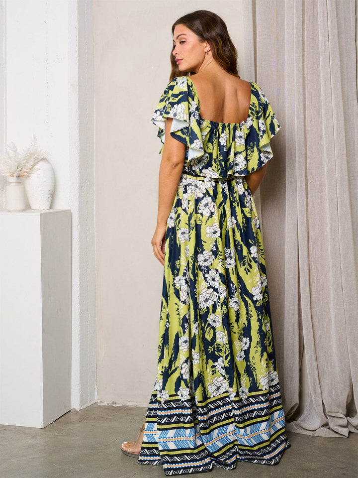 WOMEN'S OFF SHOULDER FRONT SLIT MULTI PRINT MAXI DRESS