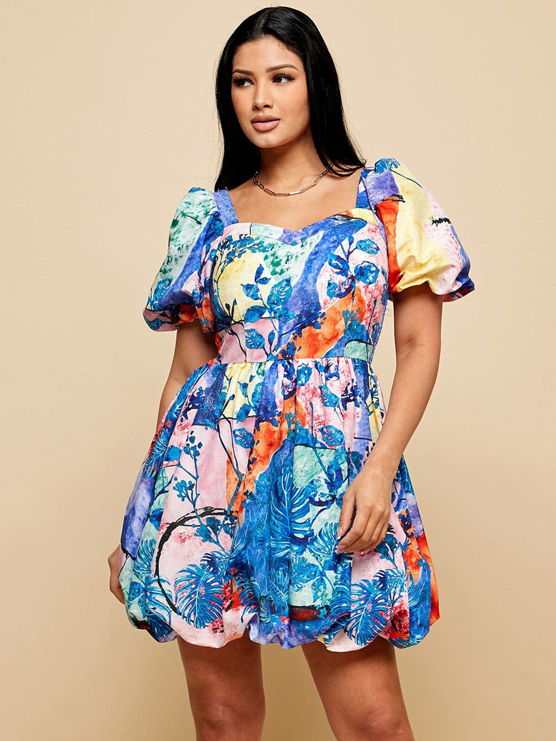 WOMEN'S SHORT PUFF SLEEVE SMOCK MULTI PRINT MINI DRESS