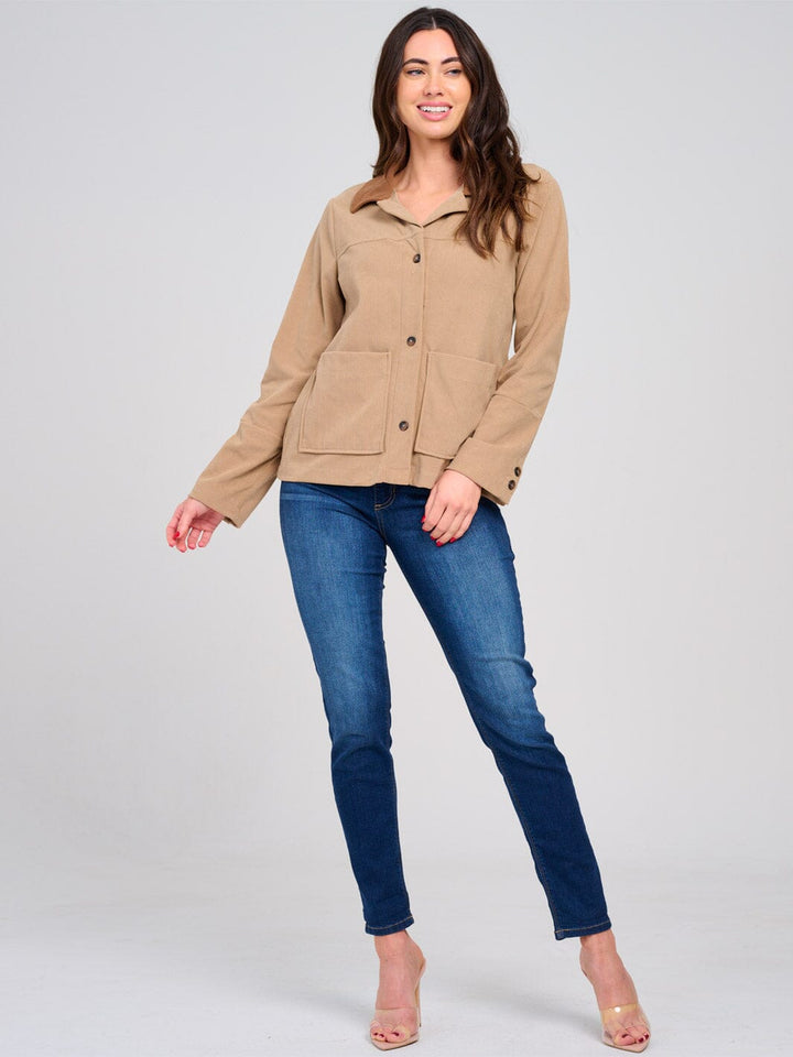 WOMEN'S LONG SLEEVE BUTTON CLOSURE FRONT POCKETS CORDUROY JACKET