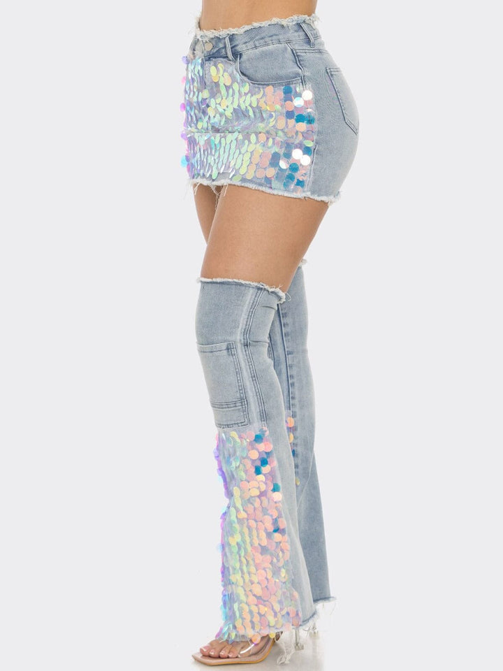 WOMEN'S BUTTON CLOSURE POCKETS SEQUINS MINI SKIRT W/BOTTIES DENIM SET