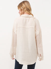 WOMEN'S LONG EYELET SLEEVE BUTTON UP FRONT POCKETS SHIRT