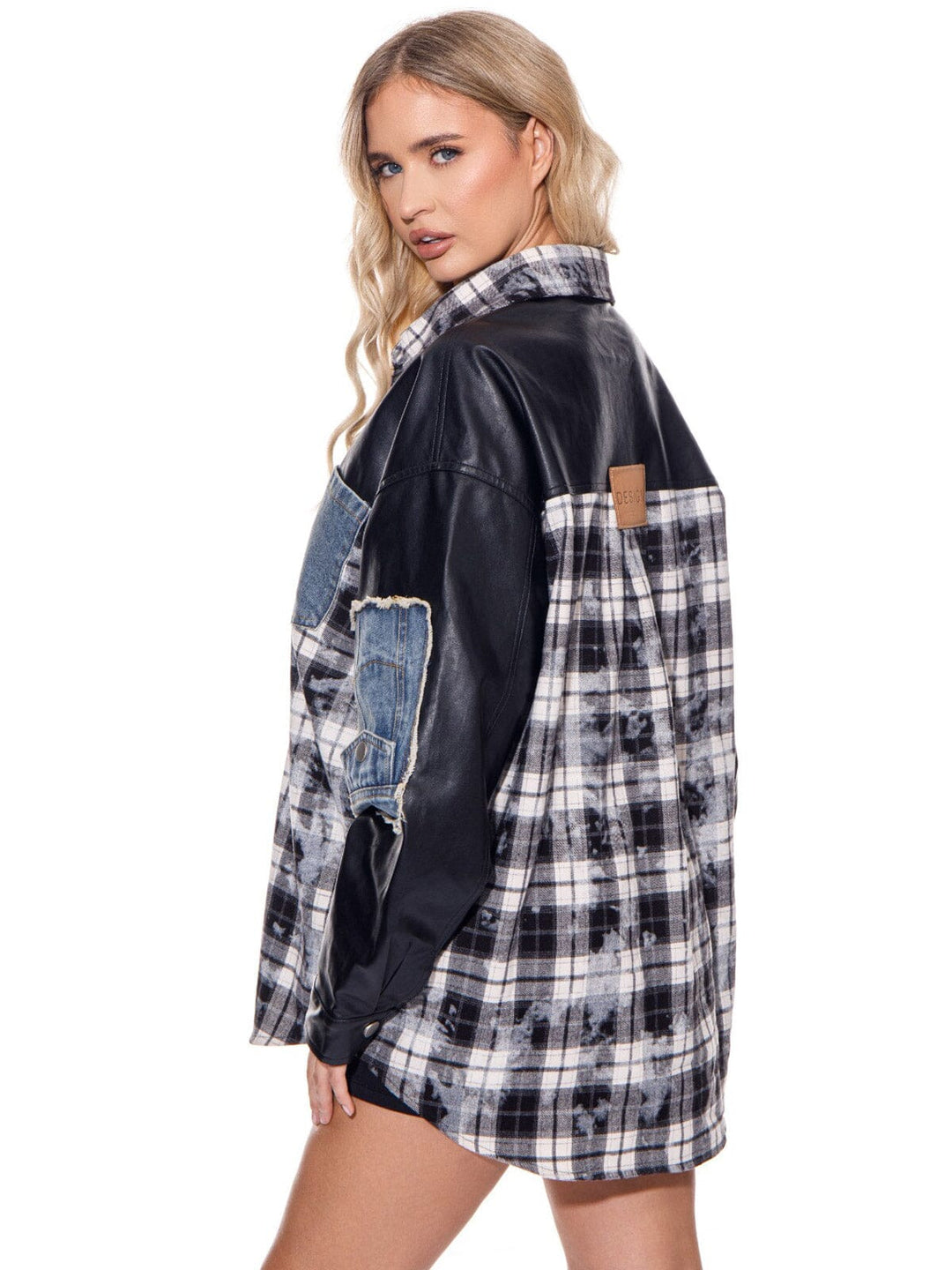WOMEN'S LONG SLEEVES BUTTON CLOSURE PLAID PLEATHER OVERSIZED JACKET