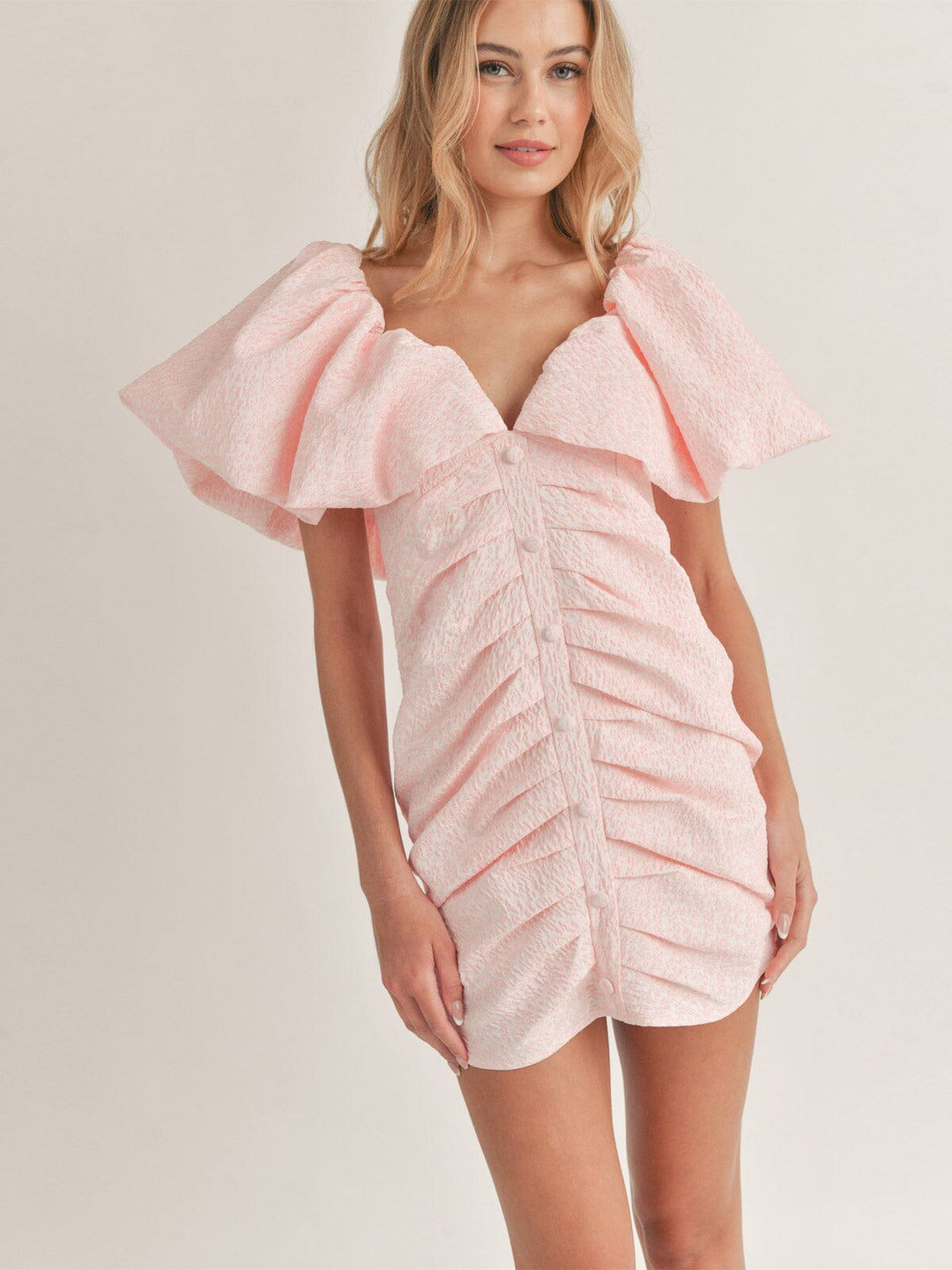 WOMEN'S SHORT PUFF SLEEVE RUCHED DETAILED MINI DRESS