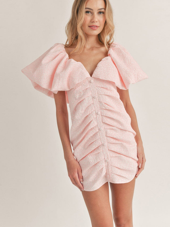 WOMEN'S SHORT PUFF SLEEVE RUCHED DETAILED MINI DRESS