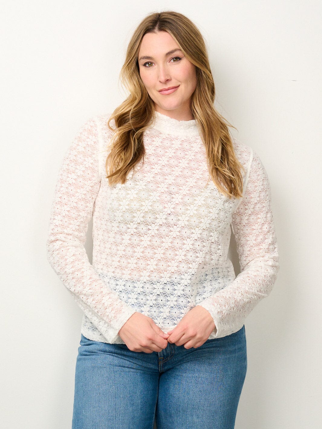 PLUS SIZE LONG SLEEVE MOCK NECK FLORAL LACE BLOUSE TOP