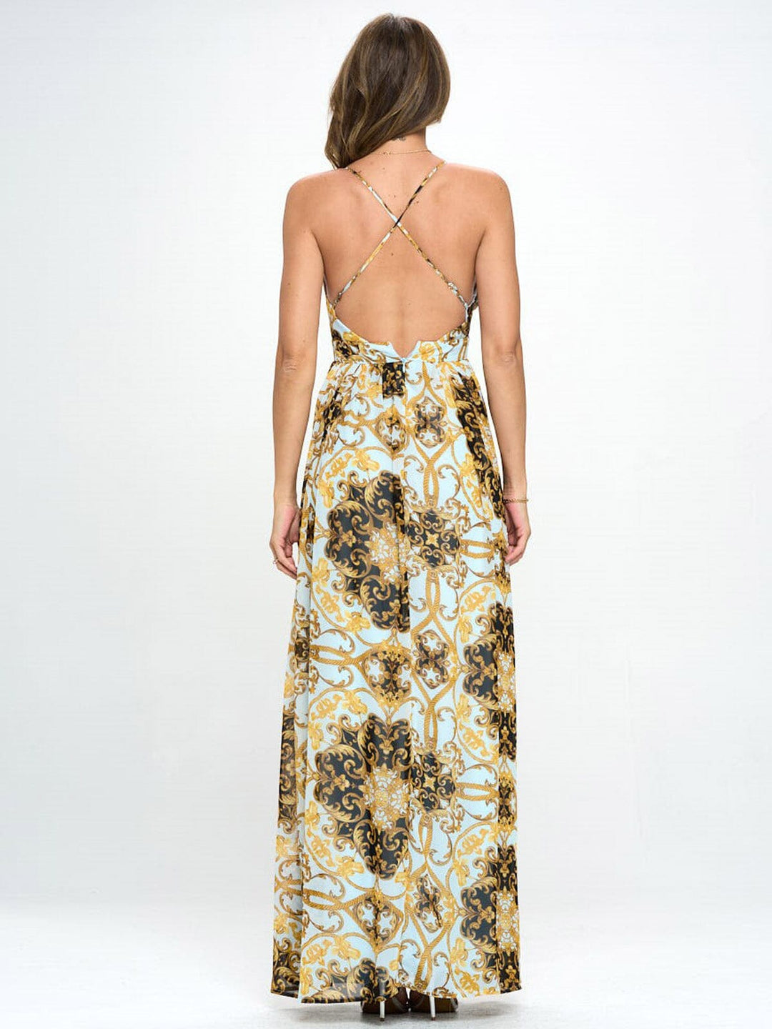 WOMEN'S SLEEVELESS V-NECK OPEN BACK MULTI PRINT MAXI DRESS
