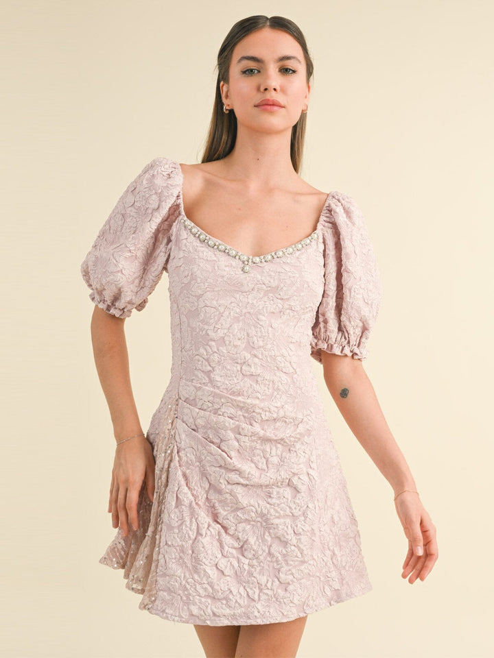 WOMEN'S SHORT PUFF SLEEVE FLORAL DETAILED MINI DRESS