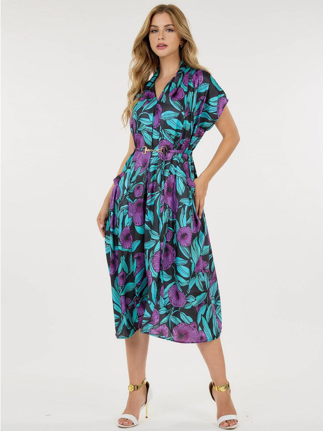 WOMEN'S SHORT SLEEVE POCKETS BELTED MULTI PRINT TUNIC MIDI DRESS