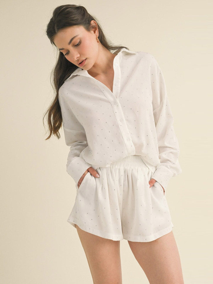 WOMEN'S LONG SLEEVE BLOUSE & MINI SHORTS STUDS DETAILED 2PC. SET