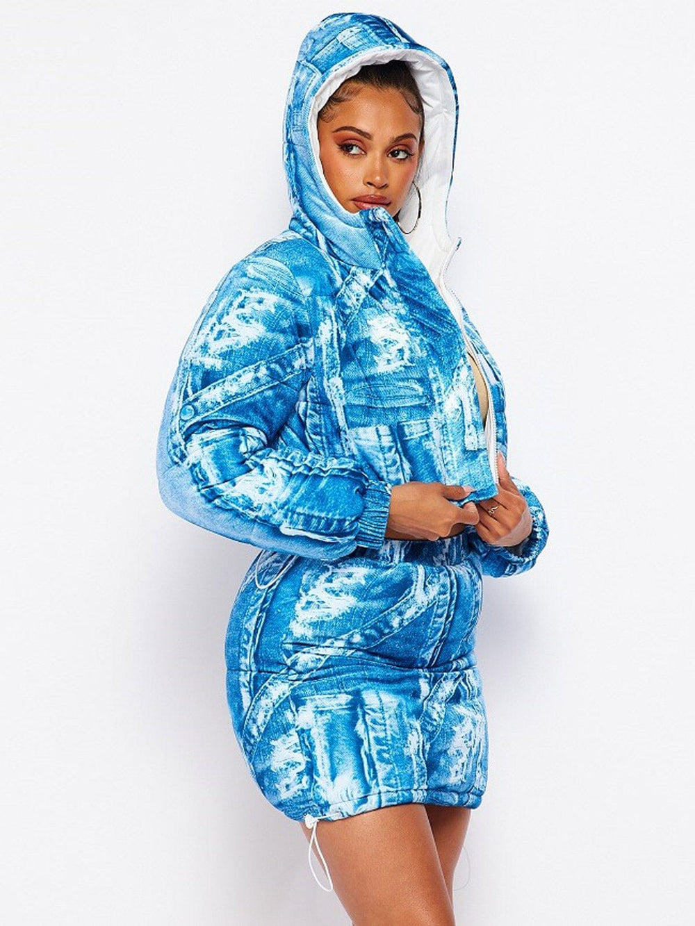 WOMEN'S LONG SLEEVE CROP JACKET & ELASTIC WAIST MINI SKIRT PUFFER PRINTED 2PC SET