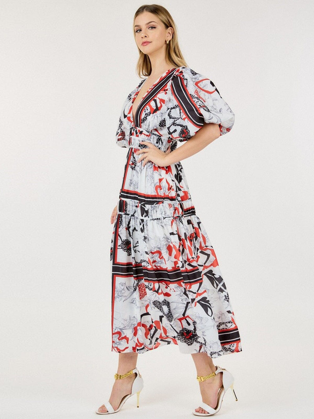 WOMEN'S SHORT PUFF SLEEVE V-NECK ELASTIC WAIST MULTI PRINT MAXI DRESS