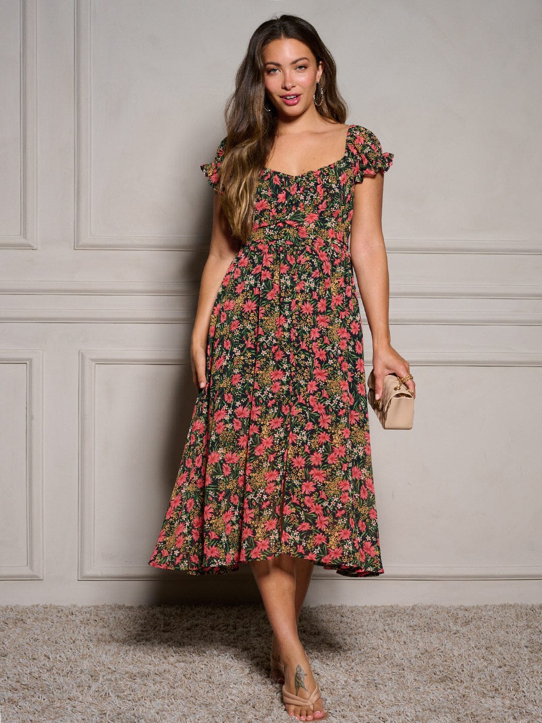 WOMEN'S SHORT SLEEVE SELF TIE SMOCK FLORAL MIDI DRESS