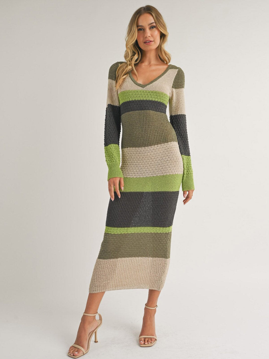 WOMEN'S LONG SLEEVE V-NECK KNIT STRIPES COLORBLOCK BODYCON MAXI DRESS