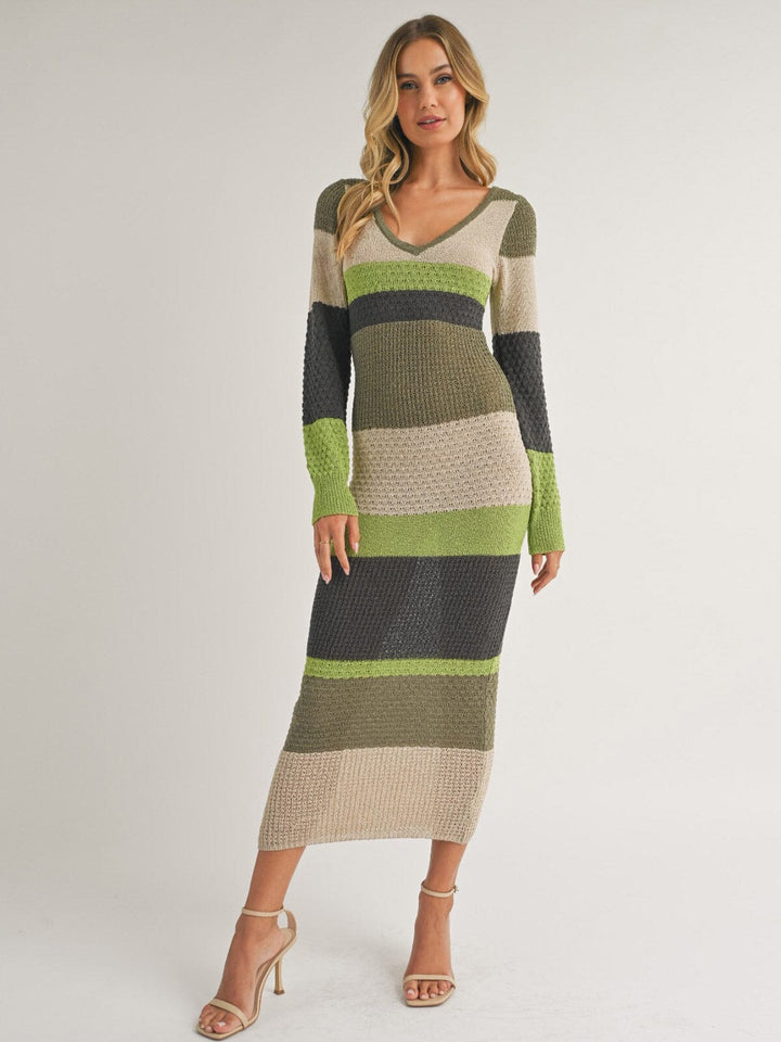 WOMEN'S LONG SLEEVE V-NECK KNIT STRIPES COLORBLOCK BODYCON MAXI DRESS