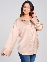 WOMEN'S LONG SLEEVE BUTTON UP SHIMMER OVERSIZED BLOUSE