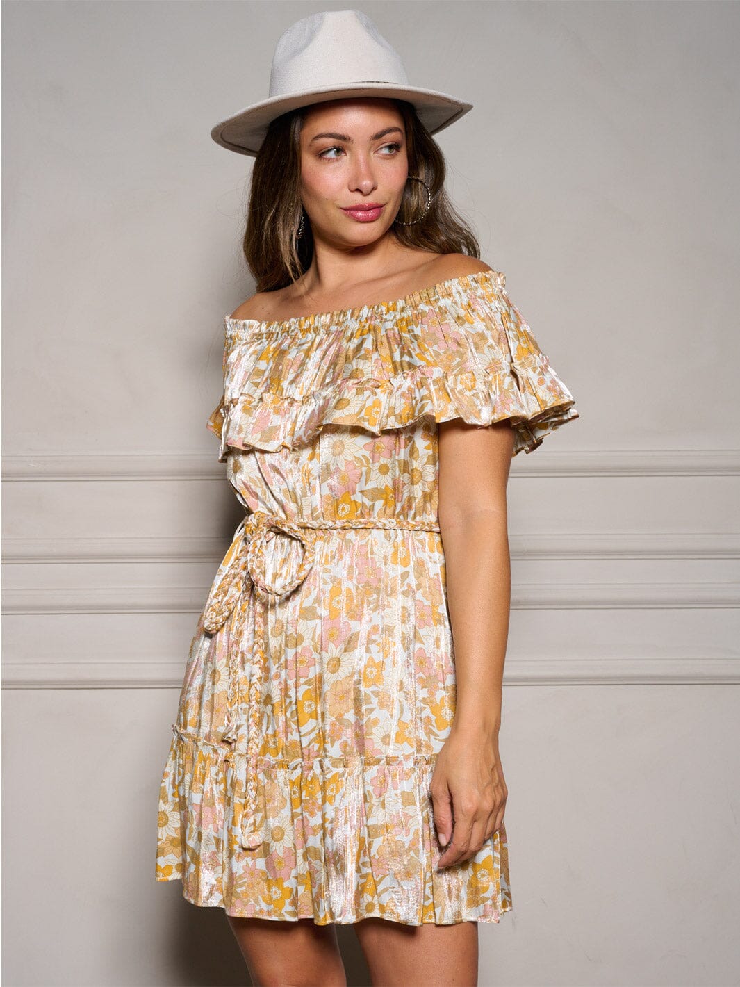 WOMEN'S OFF SHOULDER RUFFLE SELF TIE FLORAL MINI DRESS