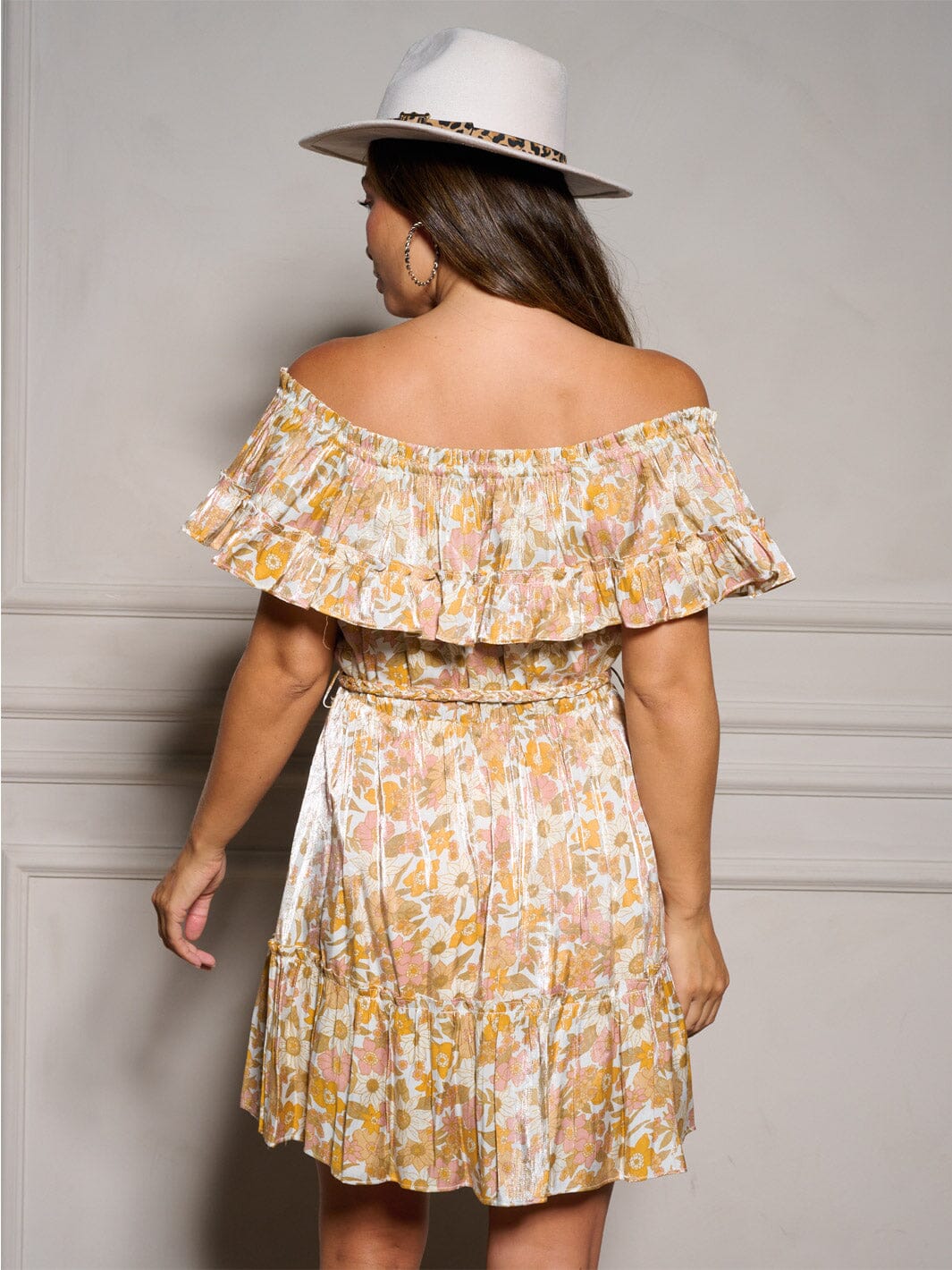 WOMEN'S OFF SHOULDER RUFFLE SELF TIE FLORAL MINI DRESS