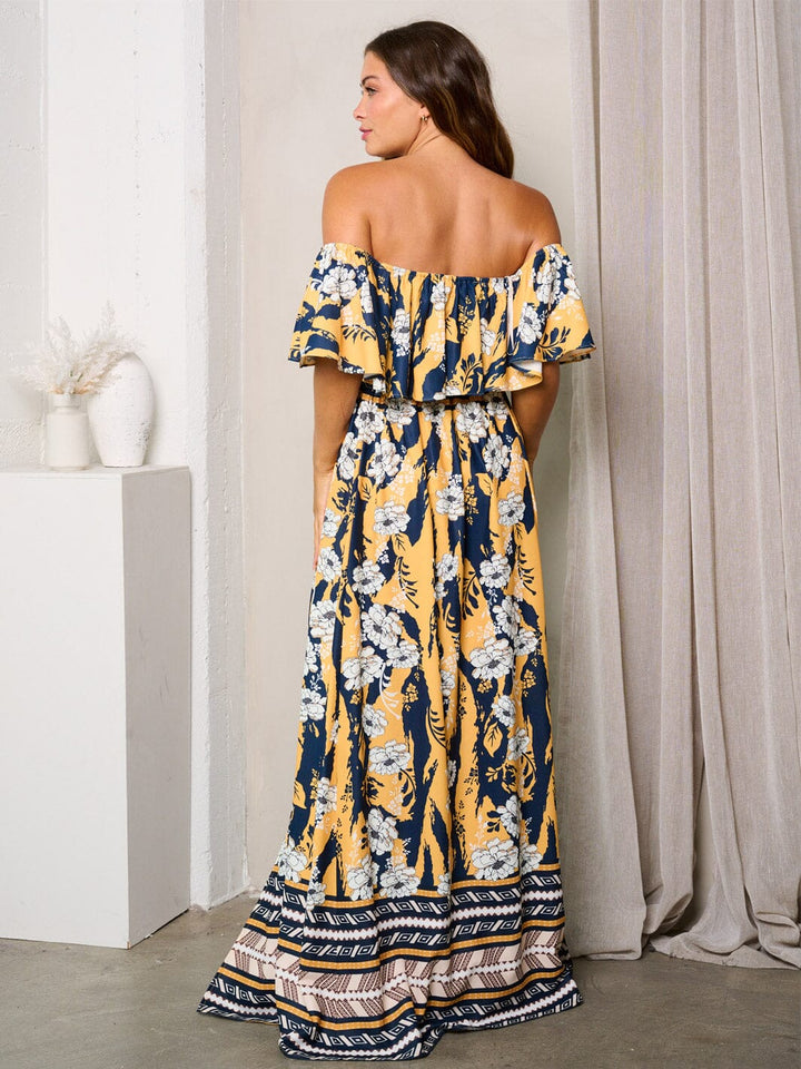 WOMEN'S OFF SHOULDER FRONT SLIT MULTI PRINT MAXI DRESS