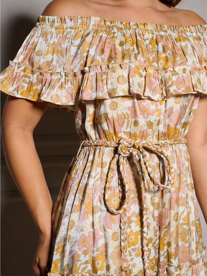 WOMEN'S OFF SHOULDER RUFFLE SELF TIE FLORAL MINI DRESS