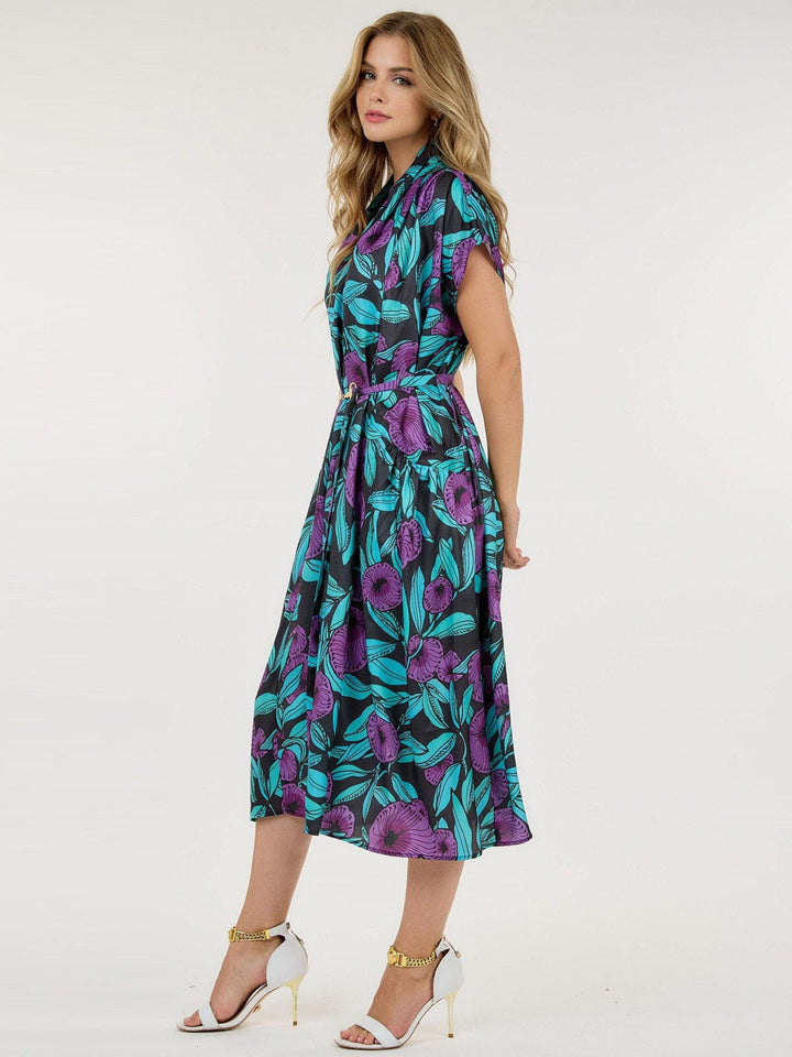 WOMEN'S SHORT SLEEVE POCKETS BELTED MULTI PRINT TUNIC MIDI DRESS
