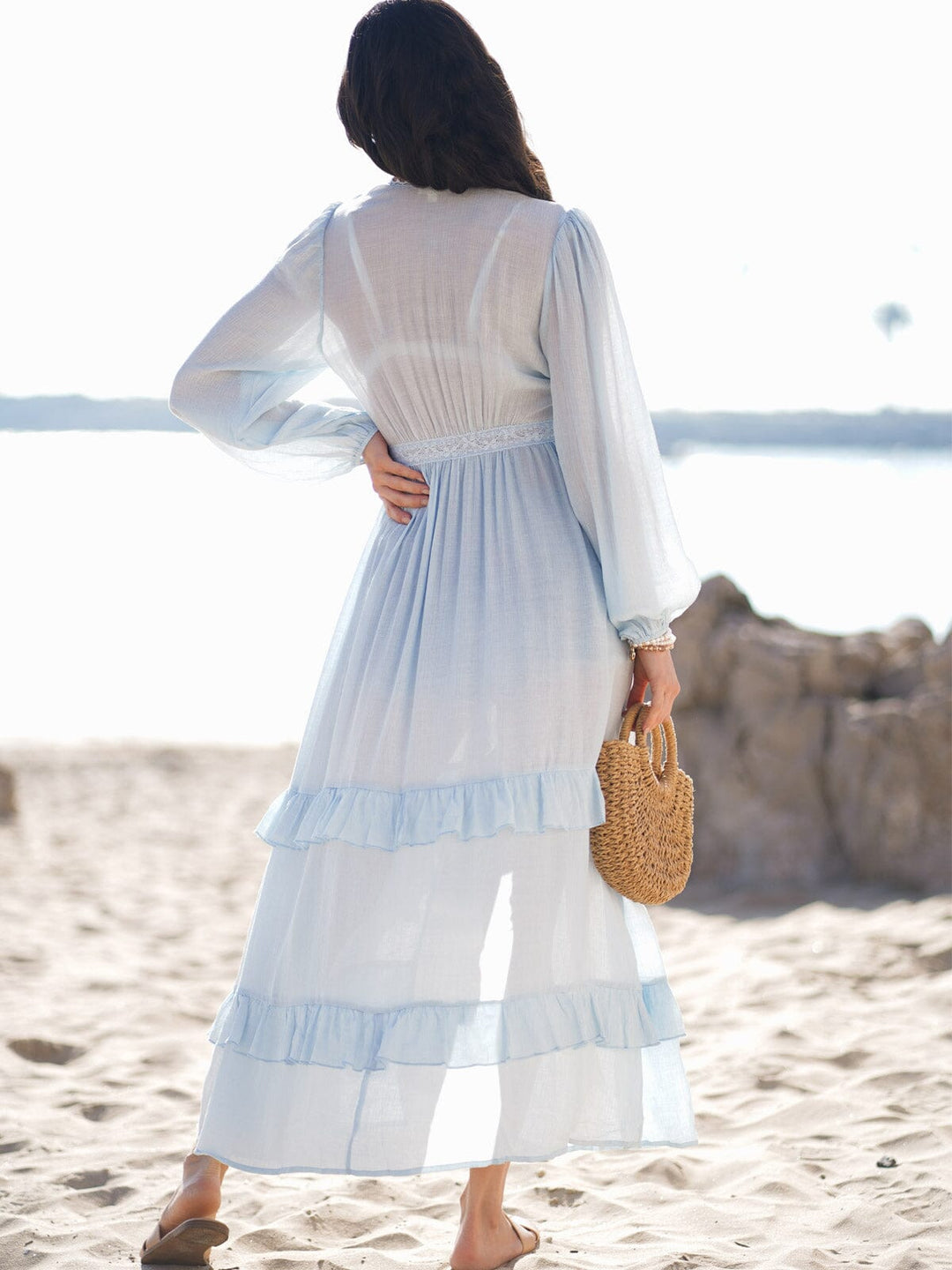 WOMEN'S LONG SLEEVE OPEN FRONT RUFFLE TIERED KIMONO