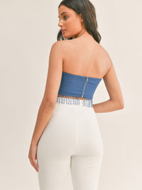 WOMEN'S SLEEVELESS RHIMESTONES FRINGE CROP TUBE TOP