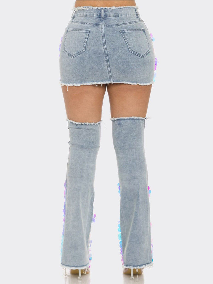 WOMEN'S BUTTON CLOSURE POCKETS SEQUINS MINI SKIRT W/BOTTIES DENIM SET