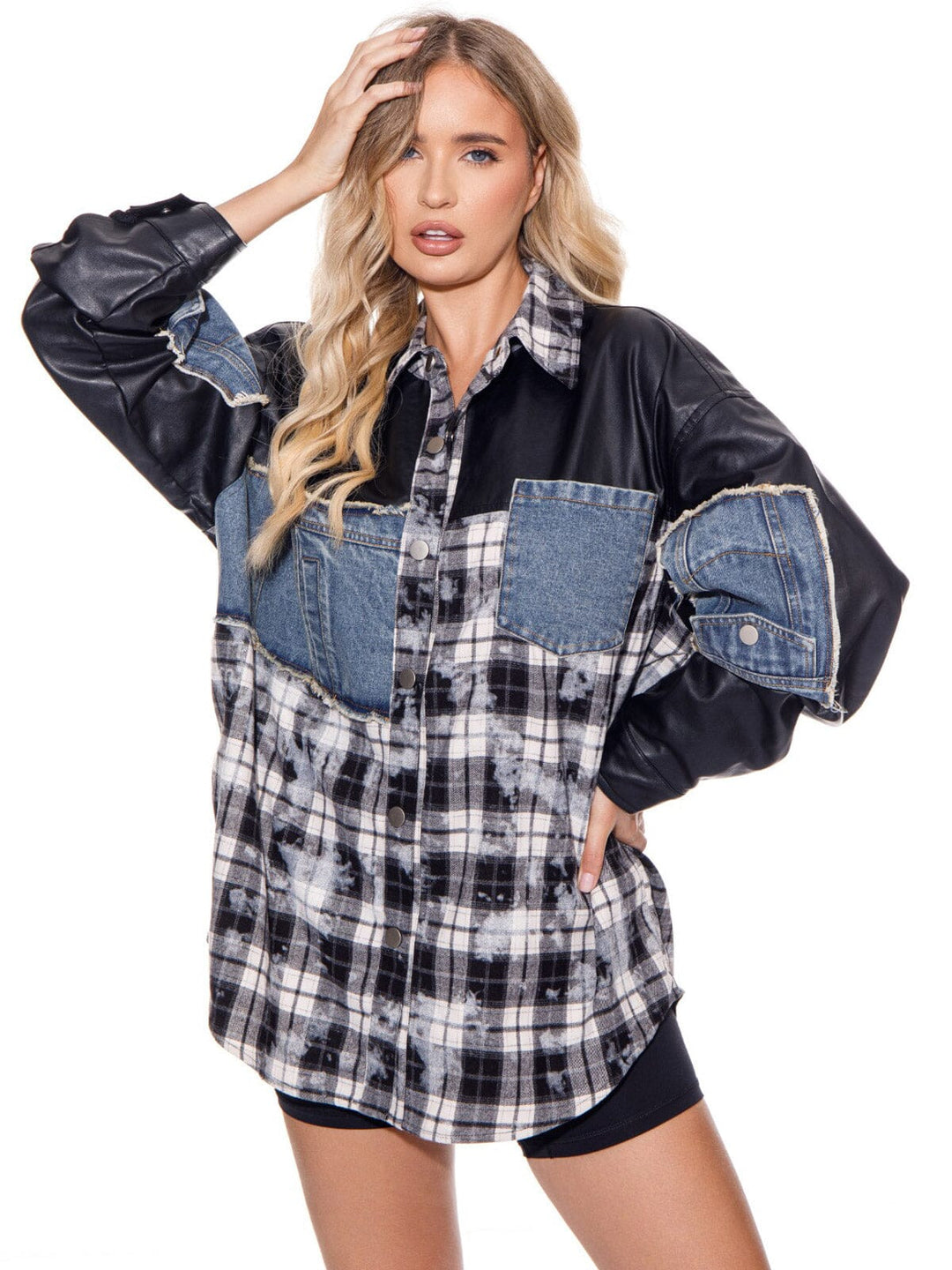 WOMEN'S LONG SLEEVES BUTTON CLOSURE PLAID PLEATHER OVERSIZED JACKET