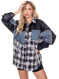 WOMEN'S LONG SLEEVES BUTTON CLOSURE PLAID PLEATHER OVERSIZED JACKET