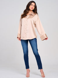 WOMEN'S LONG SLEEVE BUTTON UP SHIMMER OVERSIZED BLOUSE