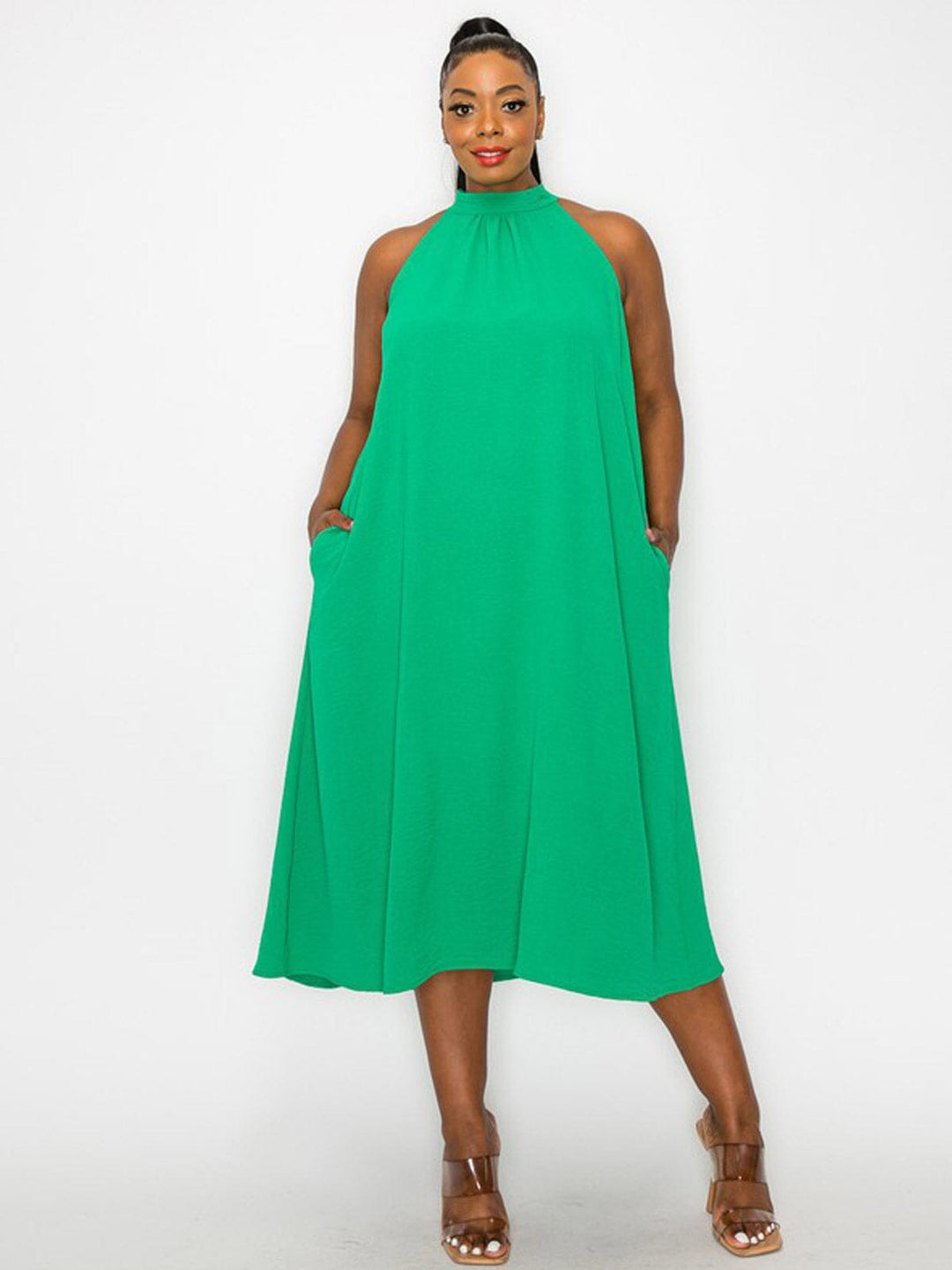 PLUS SIZE SLEEVELESS HALTER NECK POCKETS TUNIC MIDI DRESS