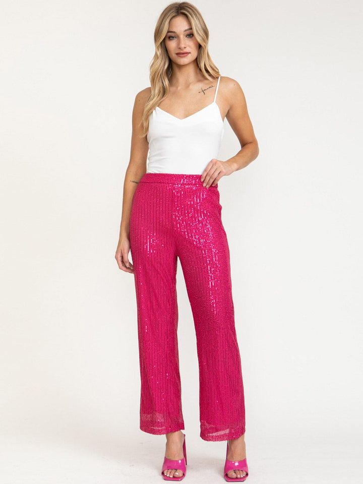 WOMEN'S ELASTIC WAIST WIDE LEG SEUINS PANTS