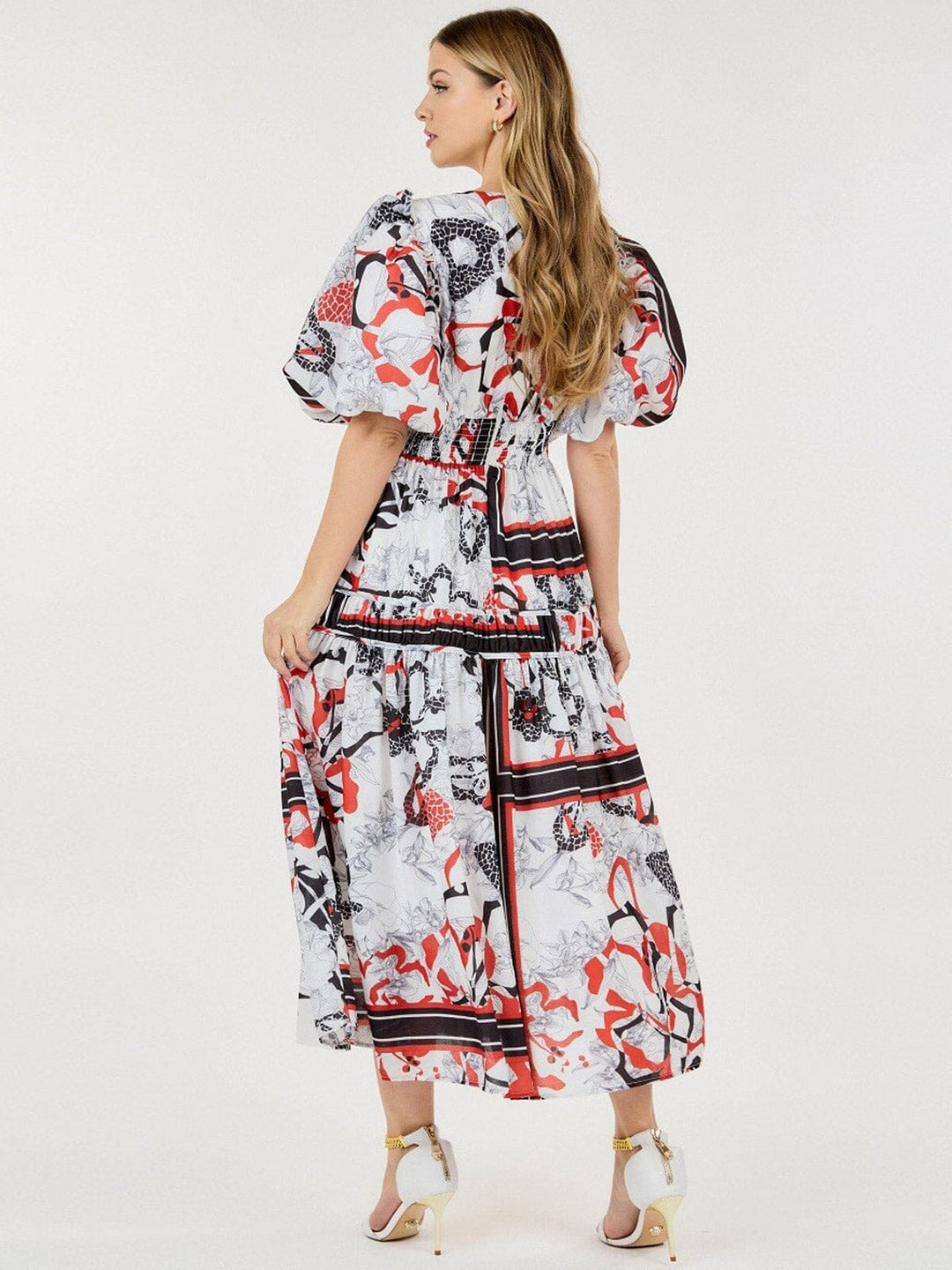WOMEN'S SHORT PUFF SLEEVE V-NECK ELASTIC WAIST MULTI PRINT MAXI DRESS
