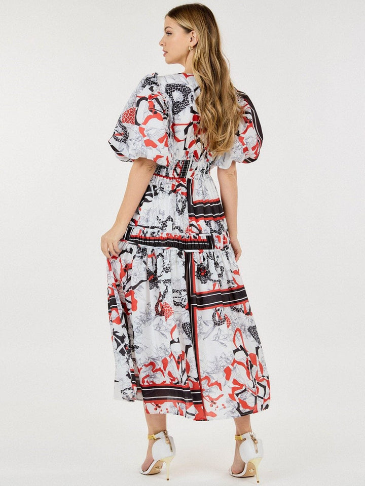 WOMEN'S SHORT PUFF SLEEVE V-NECK ELASTIC WAIST MULTI PRINT MAXI DRESS
