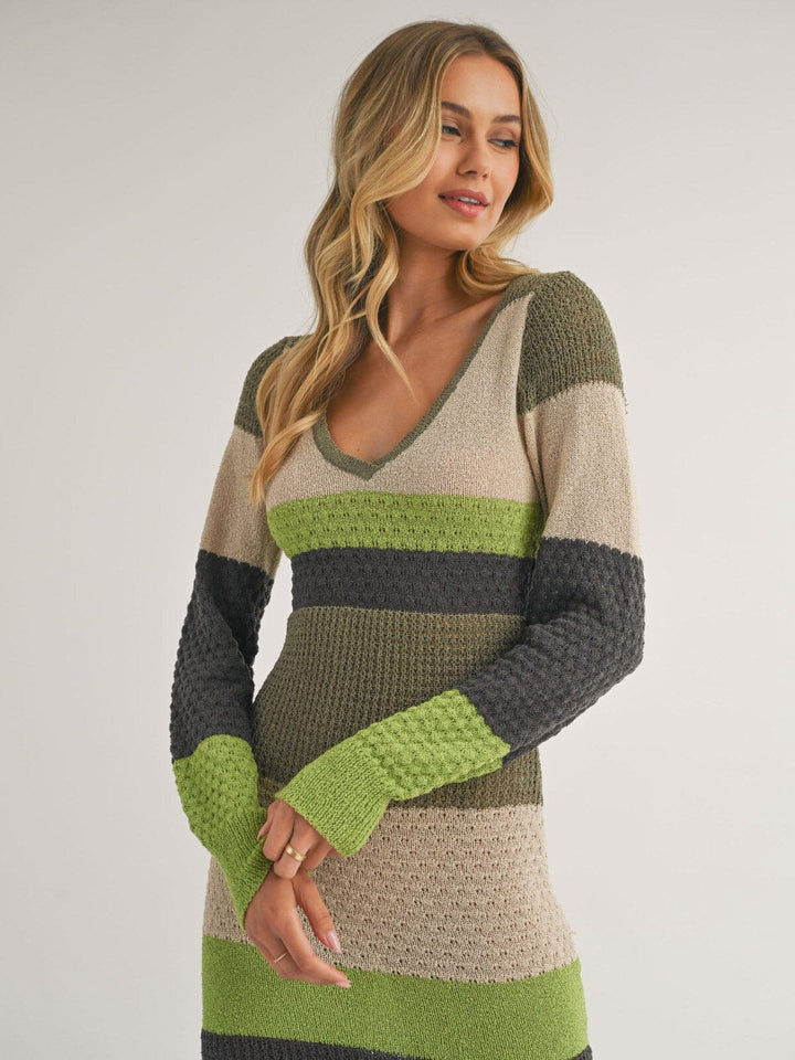 WOMEN'S LONG SLEEVE V-NECK KNIT STRIPES COLORBLOCK BODYCON MAXI DRESS
