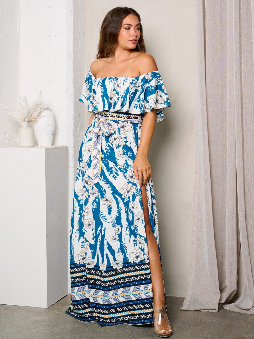 WOMEN'S OFF SHOULDER FRONT SLIT MULTI PRINT MAXI DRESS