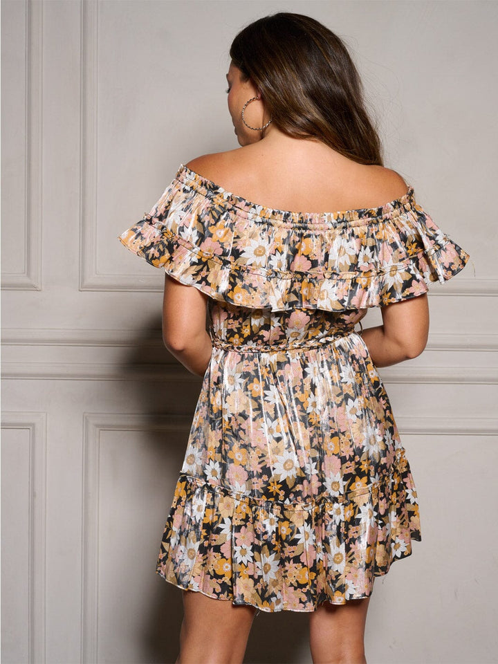 WOMEN'S OFF SHOULDER RUFFLE SELF TIE FLORAL MINI DRESS