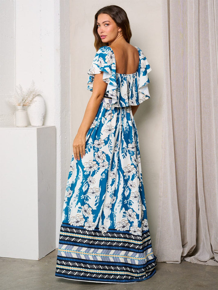 WOMEN'S OFF SHOULDER FRONT SLIT MULTI PRINT MAXI DRESS