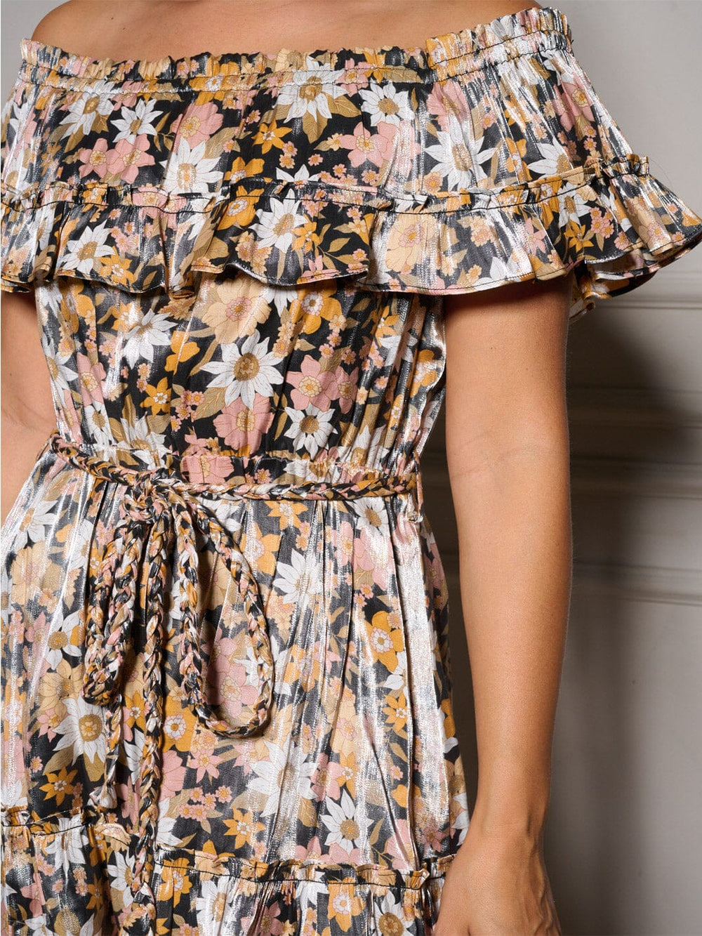 WOMEN'S OFF SHOULDER RUFFLE SELF TIE FLORAL MINI DRESS