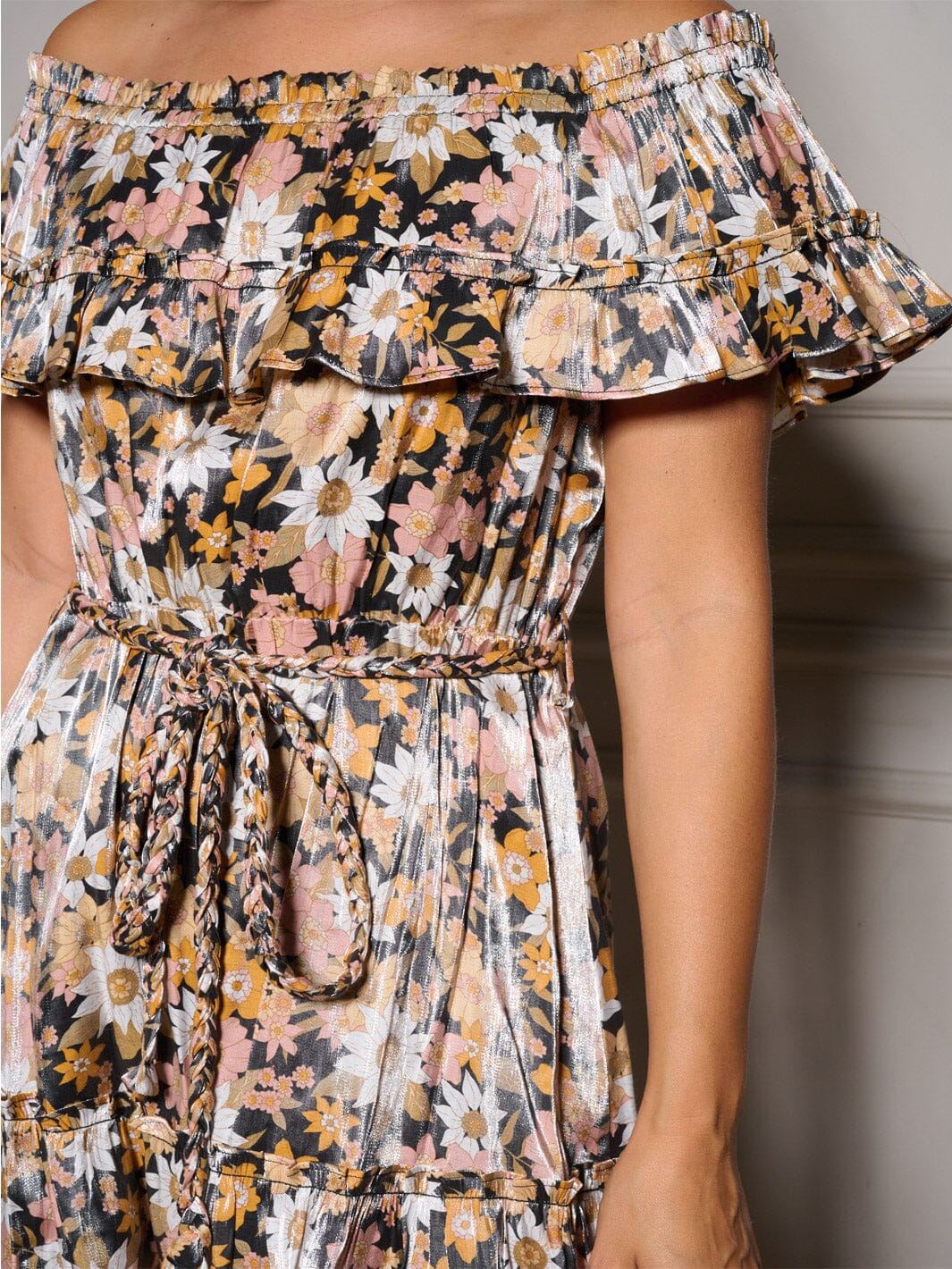 WOMEN'S OFF SHOULDER RUFFLE SELF TIE FLORAL MINI DRESS