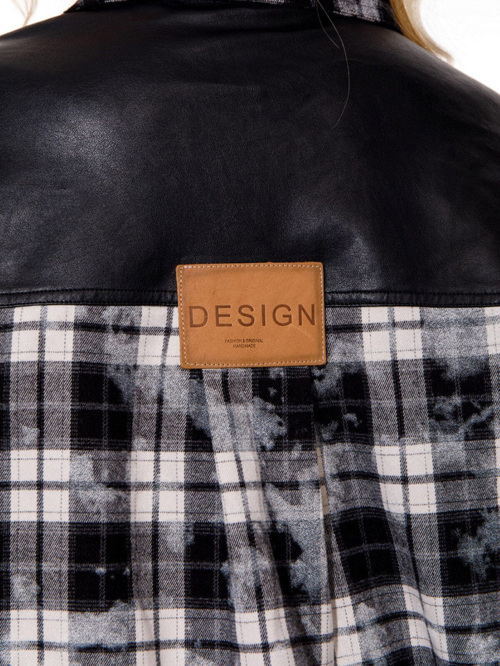 WOMEN'S LONG SLEEVES BUTTON CLOSURE PLAID PLEATHER OVERSIZED JACKET