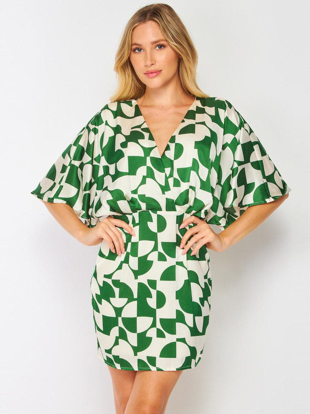 WOMEN'S SHORT SLEEVE SURPLICE MULTI PRINT MINI DRESS