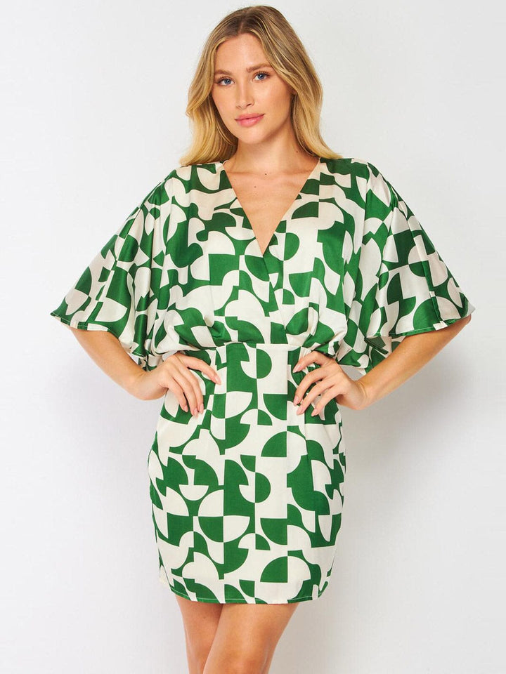 WOMEN'S SHORT SLEEVE SURPLICE MULTI PRINT MINI DRESS