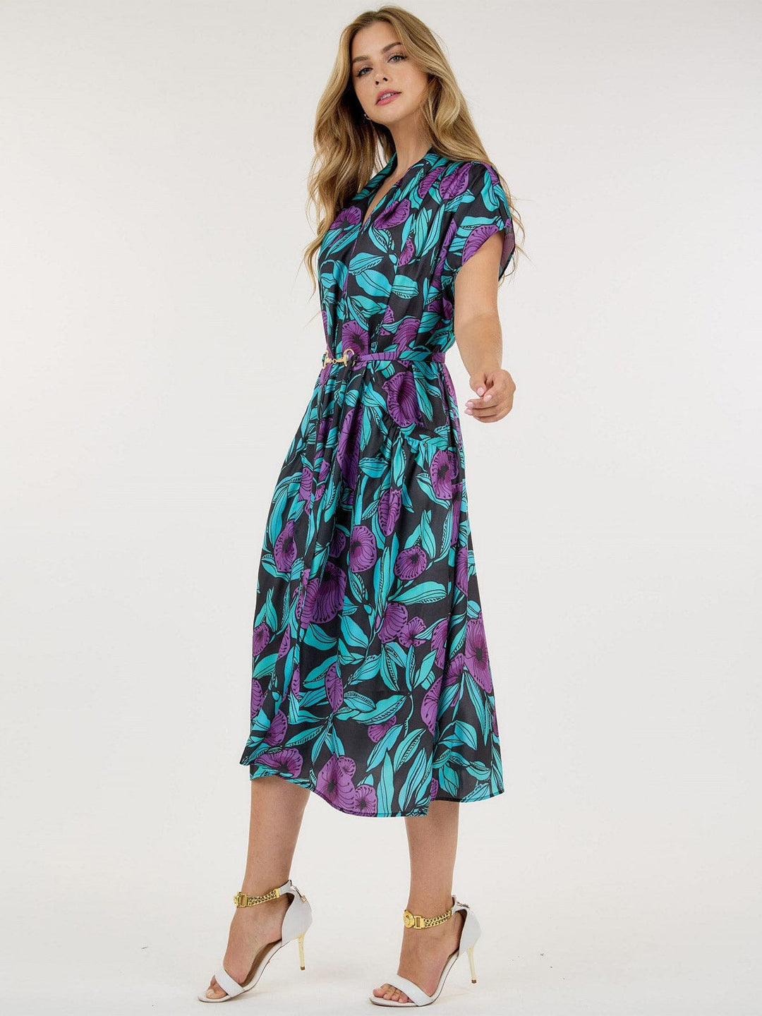 WOMEN'S SHORT SLEEVE POCKETS BELTED MULTI PRINT TUNIC MIDI DRESS