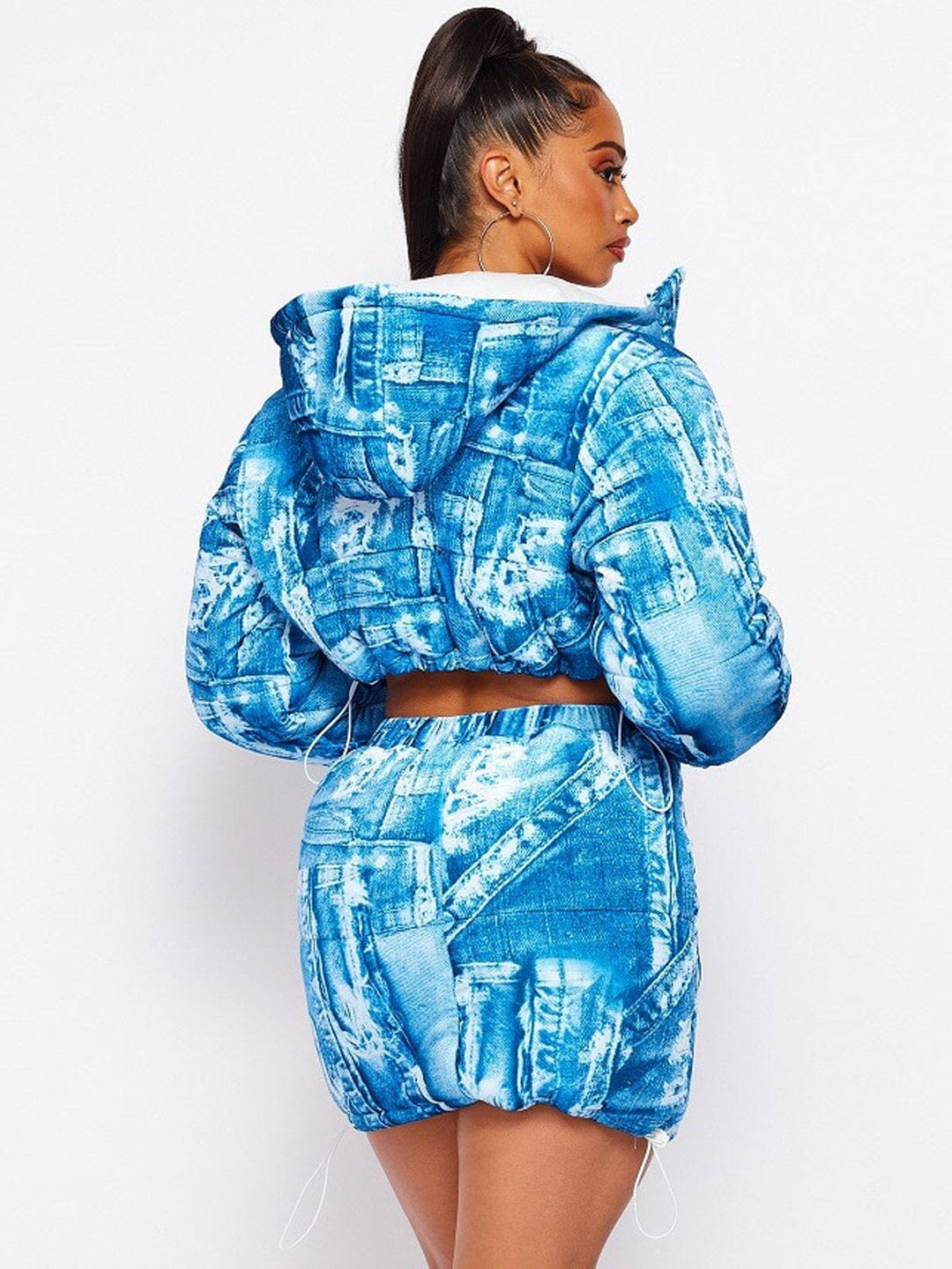 WOMEN'S LONG SLEEVE CROP JACKET & ELASTIC WAIST MINI SKIRT PUFFER PRINTED 2PC SET
