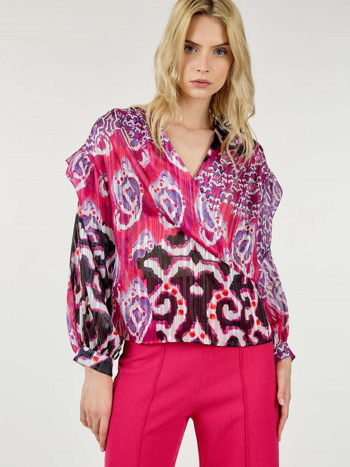 WOMEN'S LONG SLEEVE SURPLICE MULTI PRINT BLOUSE TOP